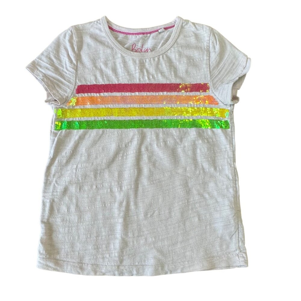 MINI BODEN Sequin Tee Girls 6-7 Rainbow T-Shirt Flip Sequins Cotton Colorful Top